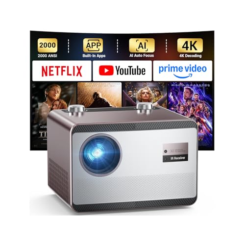 Projector 4K with WiFi and Bluetooth [2000 ANSI/AI Auto Focus/Built in Apps], Outdoor Movie Projector with Smart TV OS 2.0 & Dolby, HAPPRUN Home