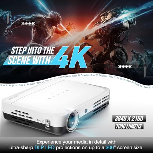 S7 4K Projector – 7000 Lumens, 3D Android Smart Projector - 3840x2160 Resolution, Free Projector Screen, Free mount, 300" Display, Bluetooth & Wi-Fi