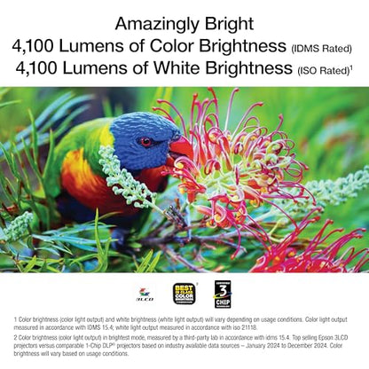 Epson Pro EX9270 Wireless 1080p 3LCD Projector 4,100 Lumens Color and White Brightness, Apple AirPlay, Miracast, Stream from Phone or Laptop, 2 HDMI