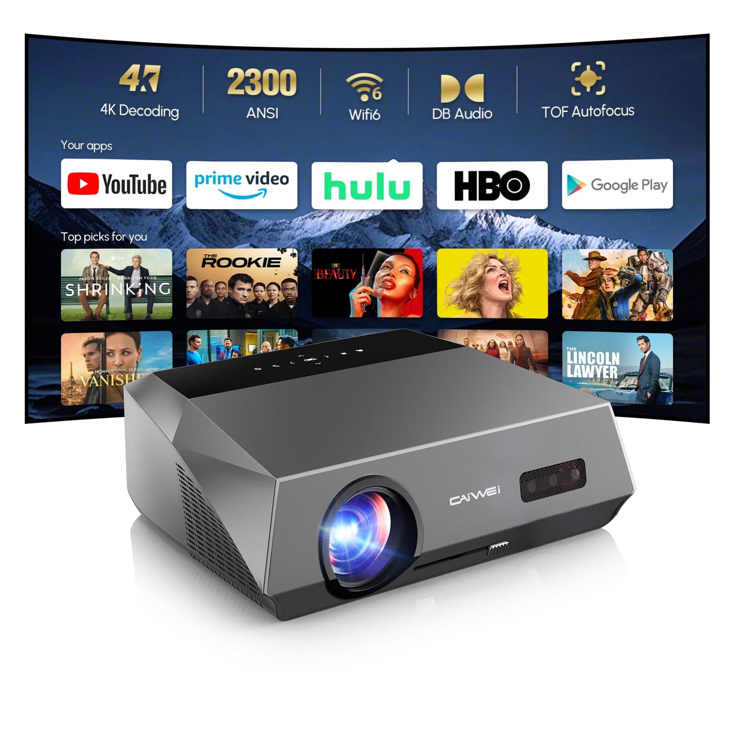 Smart 4K Daylight Projector with WiFi Bluetooth Google TV NFC, 2300ANSI High Lumen 4K HDR Support, ToF Auto Focus & Keystone, HDMI ARC 2.1
