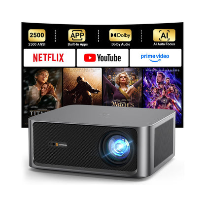 HAPPRUN 2500 ANSI Lumens Outdoor Projector with Built-in Streaming Apps, 4K Decoding Resolution, Dolby Audio, WiFi 6 and Bluetooth 5.2 for Indoor and