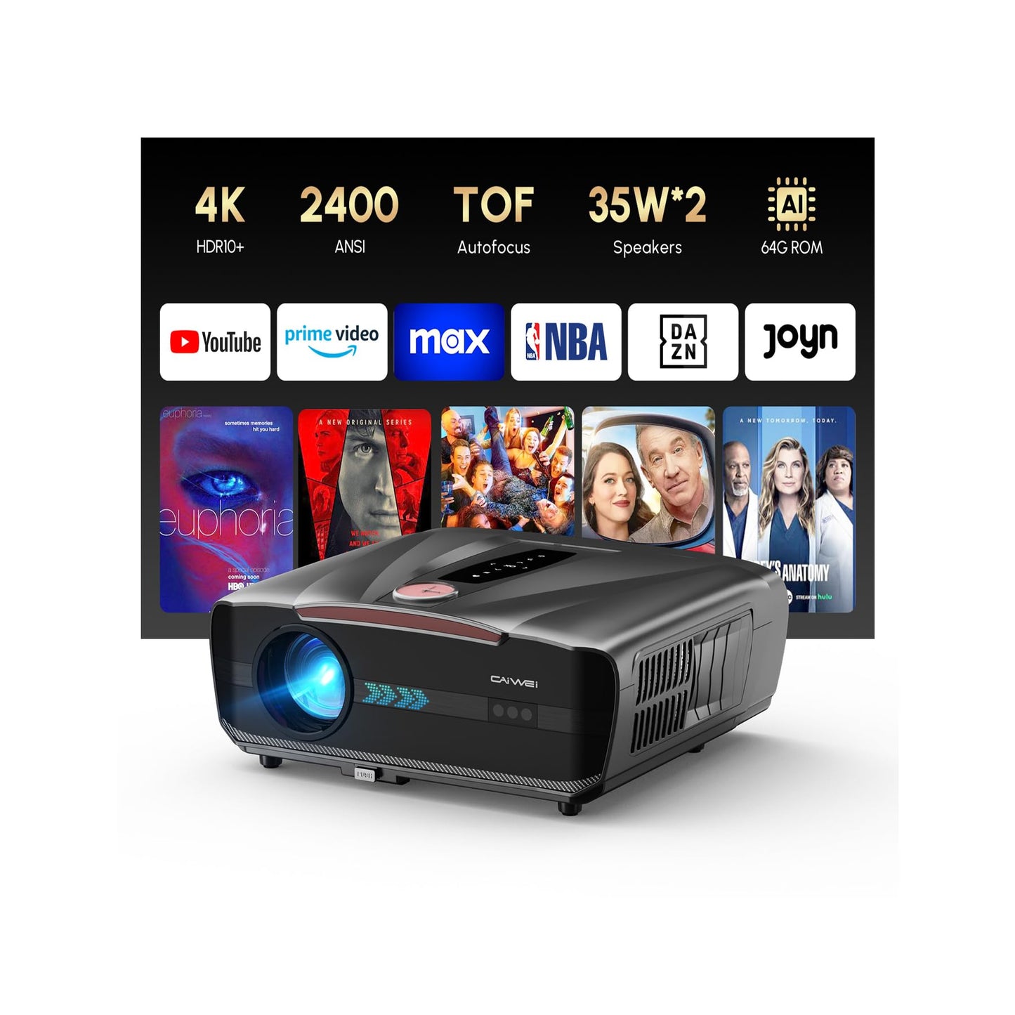 Daytime Projector 4K 2026 Upgraded 2400 ANSI [Auto Lens Cap] HDR10+ Ultra HD Smart Projector with AI-PQ ToF Autofocus HDMI eARC 64GB Dolby Audio for