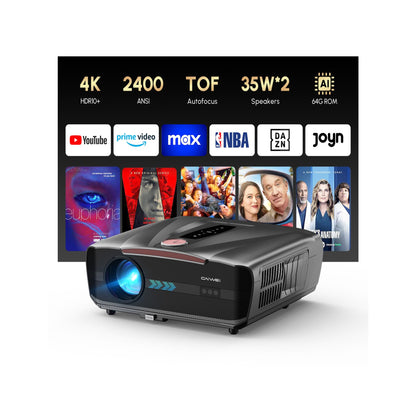 Daytime Projector 4K 2026 Upgraded 2400 ANSI [Auto Lens Cap] HDR10+ Ultra HD Smart Projector with AI-PQ ToF Autofocus HDMI eARC 64GB Dolby Audio for