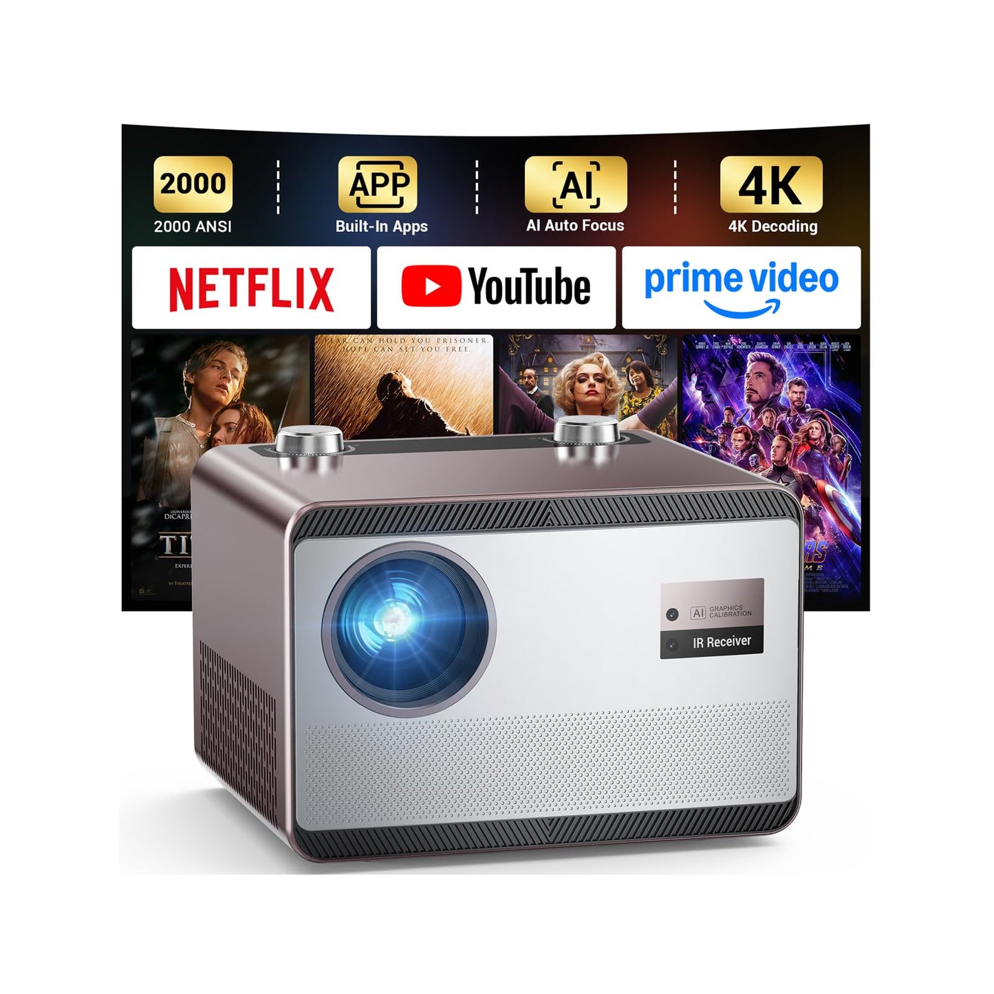 Projector 4K with WiFi and Bluetooth [2000 ANSI/AI Auto Focus/Built in Apps], Outdoor Movie Projector with Smart TV OS 2.0 & Dolby, HAPPRUN Home