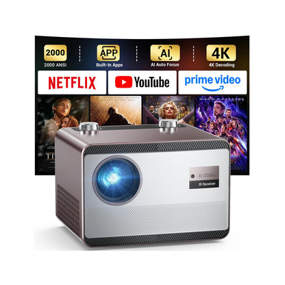 Projector 4K with WiFi and Bluetooth [2000 ANSI/AI Auto Focus/Built in Apps], Outdoor Movie Projector with Smart TV OS 2.0 & Dolby, HAPPRUN Home