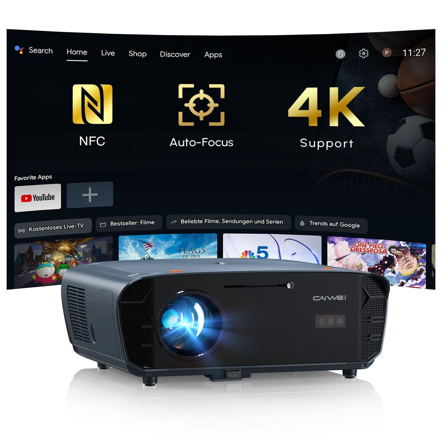 Smart Projector 4K with Google TV, 2400 ANSI Lumens Daytime Viewing, HDR10, NFC, WiFi 6,Bluetooth 5.4, DB Audio, HDMI ARC 2.1,Auto